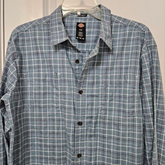 Dickies Relaxed Fit Shirt Men’s Medium Plaid Blue White Button Down Pockets GUC - Picture 1 of 8